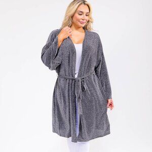 B33 PLUS SIZE LONG SLEEVE OPEN FRONT SELF TIE SHIMMER CARDIGAN BLACK SILVER NEW